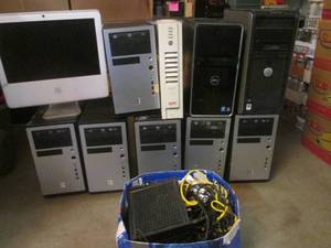 lot 56 image: (D-4) Assorted Computer Towers Etc For Parts Including a Box of Cords Etc