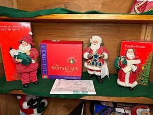 Three Possible Dreams Clothique Collection Santa Figurines - With Boxes.  Santa Checking His List, The Millennium 2000 Santa, and North Pole Nanny