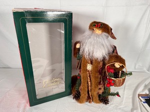 Santa in Brown Coat Carrying a Basket of Berries and Holly