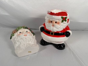 Vintage Handpainted Fitz and Floyd Christmas Santa Water Pitcher and Ceramic Painted Santa Face