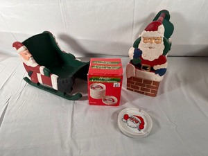 Lot of Christmas Dcor - Two Wood Card Baskets and a set of Holiday Santa Coasters