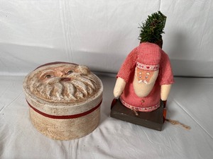 Hand Made Folk Art Cloth Santa and Santa Claus Oval Mache Box Measuring 9L x 7W x 4T