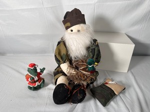 Vintage Santa in Camo holding Duck, Santa in a Sleeping Bag, and Crocodile Santa Lot