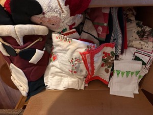 Variety of Vintage Christmas Dish towels and Tabel Cloths
