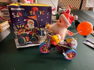 Vintage Wind-Up Mechanical Santa on Tricycle - LithoTin Toy with Box