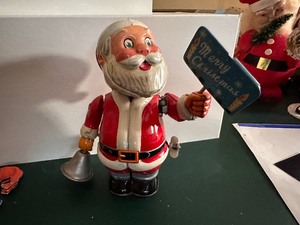Wind Up Vintage Santa Tin Toy with Sign