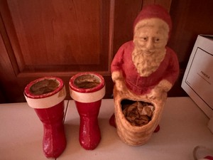 Vintage early 1900s Paper Mache Santa with Bag and Mache Santa Boots