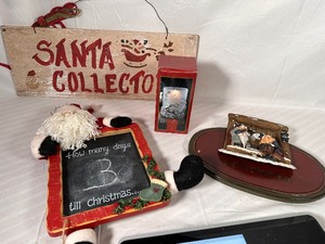 Lot of Christmas Dcor - Gorham Silverplated Candle Holder, Days till Christmas Chalkboard, Santa Collector, and Vintage Bebe Norway Paul Bonner Velkommen Gnome Wall Hanging