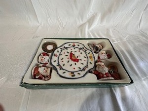 Vintage Mimi Christmas Tea Set with Santa Cups, Pitcher, Sugar and Creamer, and Holly Plates and Saucers