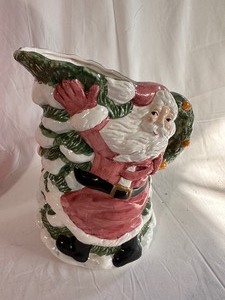 Lotus Christmas Santa Windblown Snowy Tree 2 Quart Ceramic Pitcher - 10