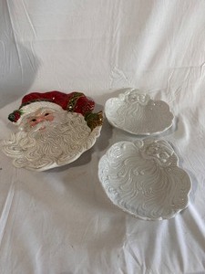 One Vintage Fitz and Floyd Santa Claus Face Serving Plate and Two Vintage Takahashi Santa Claus White Candy Dishes