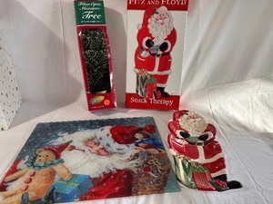 Fitz and Floyd Snack Dish, Small Fiber Optic Tree, Santa Candy Dish and Plastic Cutting Board
