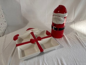 Department 56 Santa Christmas Platter and Three Part Santa Claus Cookie Jar