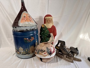 Hand Painted Santa and Christmas Dcor - Ice Skates, Large Bell, Carved Santa, and Gas Can Painted Santa