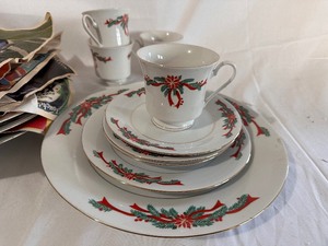 Vintage Royal Tienshall Fine China Poinsettiea and Ribbons - Four Dinner Plates, Four Salad Plates, Four Cups and Saucers