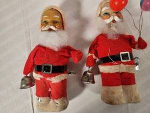 Two Vintage Wind Up Santas Bell Ringing with Double Arm Movement