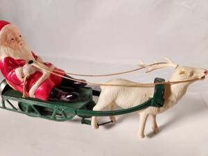 Vintage Celluloid and Tin Wind Up Santa in Sleigh with Reindeer