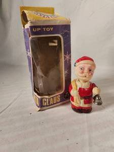 Vintage Wind Up Plastic Bell Ringing Santa Clause with Box