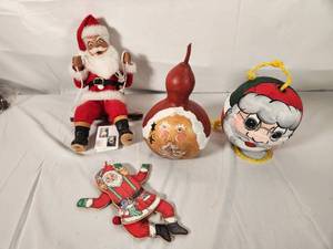 Santa Variety - Santa on a Swing, Painted Gourd, Painted Styrofoam Float, and Santa Ornament