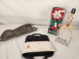 Christmas Baking Set - Cast Iron Molds, Cooking Cutter, and Painted Masher