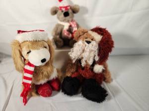 Variety of Plush Santa Bears and Puppy
