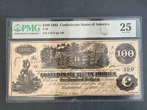 1862 $100 Confederate Bill Graded Very Fine