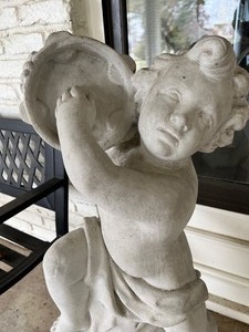 Neoclassical Cast Stone Statue of Putti - Cherub with Tamborine