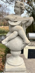 Neoclassical Cast Stone Statue with Pedestal - Cherub with Lute