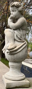 Neoclassical Cast Stone Statue with Pedestal - Cherub with Flute