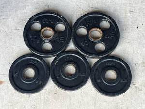 lot 37 image: GPI Rubber Weight Plate Lot - (2) 10lbs. and (3) 5lbs.