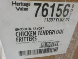 L 10 lb. Box Frozen Chicken Tenderloin Fritters