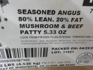 G 10 lb. box Seasoned Angus Mushroom and Beef Patties Frozen