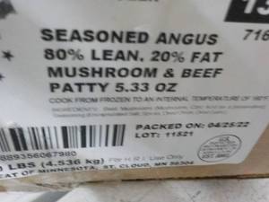 G 10 lb. box Seasoned Angus Mushroom and Beef Patties Frozen