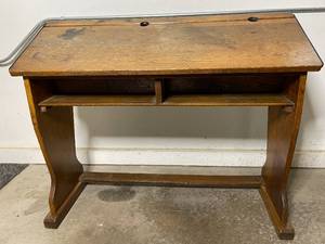 lot 81 image: Vintage Wooden Desk with Two Inkwells