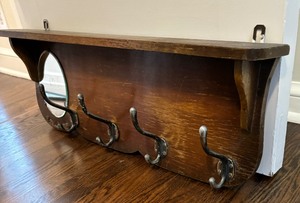 lot 147 image: Vintage Wooden Wall Mount Shelf with Hooks and Mirror