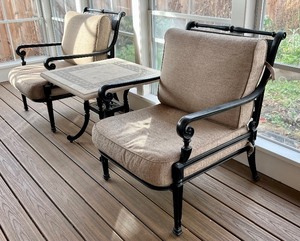 lot 12A image: Pair of Frontgate Carlisle Lounge Chairs with Cushions in Slate Finish and Accent Table