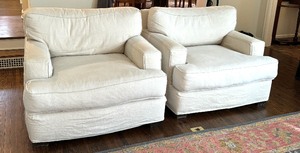 lot 8 image: Pair of Quatrine Furniture Linen Arm Chairs