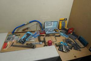 Assorted Tools -Saws, Blades, Sockets, Rivets, Stapler, Drill Bits