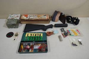 lot 84 image: Assorted Sporting Items - Tackle Box, Hand Thrower, Winchester 1200 Stock