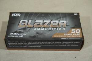 lot 99 image: 50 CCI Blazer Brass 9mm Luger 115 Gr FMJ Ammo