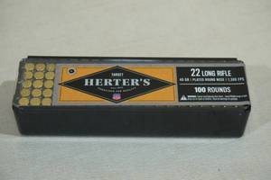 lot 114 image: 100 Herters .22 LR 40 Gr Plated RN Ammo