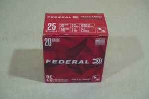 lot 136 image: 25 Federal Field and Target 20 Gauge 2-34 7-12 Shot Shotshells