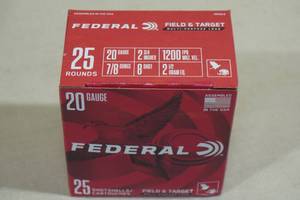 lot 138 image: 25 Federal Field and Target 20 Gauge 2-34 8 Shot Shotshells