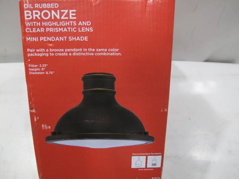 lot 473 image: Mini Pendant Shade, Oil Rubbed Bronze wHighlights and Clear Prismatic Lens