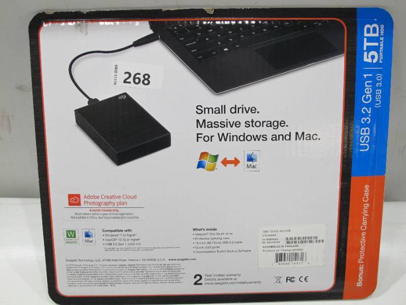 lot 447 image: NEW Seagate One Touch 5TB External Hard Drive Black USB 3.0  Bonus Protective Case
