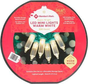 lot 254 image: NEW 2 Pack of Members Mark Super Bright LED Mini Lights, Warm White - 250 Lights  56.6 ft per pack