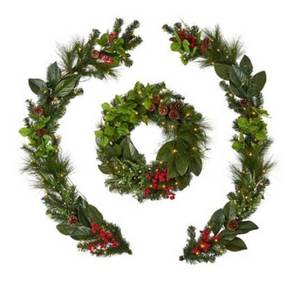 lot 246 image: Members Mark 35 White LED Pre-Lit 26 Wreath and 2 6Ft Garlands Set