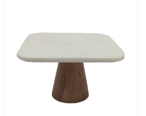 lot 295 image: NEW 1-Tier Marble & Mango Wood Cake Stand, White & Natural