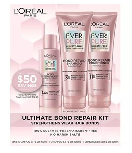 lot 300 image: NEW  LOreal Paris EverPure Ultimate Bond Repair Kit (Concentrate, Shampoo & Conditioner)