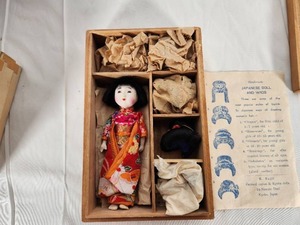 Vintage Handmade Japanese Doll and Wigs in Wood Box- K Fugii - Kyoto Dolls